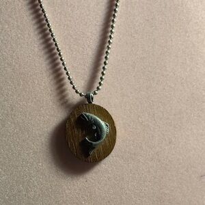 Silver Tone and Brown Fish Pendant Necklace 9 1/2” long